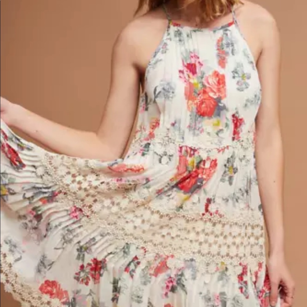Ranna Gill Cream Floral Midi Dress with Red & Pink Accents